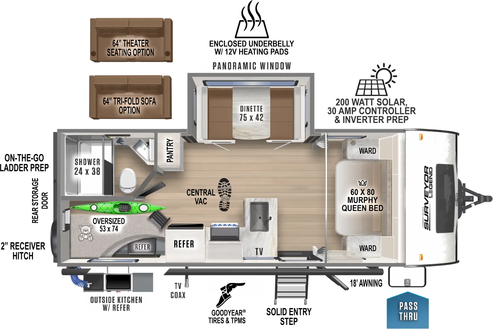 The 240BHLE has one entry and one slideout. Exterior features pass thru storage, solid entry step, TV coax, an outside kitchen, 18 foot awning, Goodyear tires and TPMS, on-the-go-ladder prep, 2 inch receiver hitch, rear storage door, enclosed underbelly with 12 volt heating pads, and 200 watt solar with 30 amp controller and inverter prep. Interior layout front to back: murphy queen bed with wardrobes on each side; off-door side dinette slideout with panoramic window;  door side entry, peninsula kitchen counter with sink wraps to door side with TV and refrigerator; off-door side pantry; rear door side bunk beds; rear off-door side full bathroom. This RV has central vacuum. Optional theater seating or tri-fold sofa available in place of dinette.